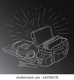 Vector outline dj equipment devices. Hand drawn headphones, turntable and vinyl record bag.