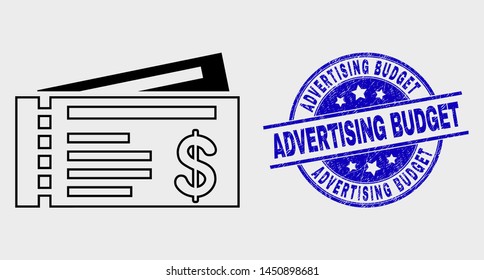 Vector outline dollar cheques icon and Advertising Budget seal. Blue rounded scratched seal stamp with Advertising Budget title. Black isolated dollar cheques icon in outline style.