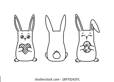 Vector Outline Doodle Easter Rabbit Set. Cute Bunny with Painted Egg, Heart, Back View. Happy Easter Holiday Symbol. Contour drawing characters, nursery design elements for card, poster, coloring book