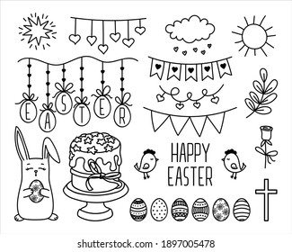 Vector Outline Doodle Happy Easter Set. Egg Decorations, Flag Garlands, Cake, Rabbit, Cross, Hearts, Chicken. Contour drawing Traditional Spring Holiday symbols for design card, poster, coloring book
