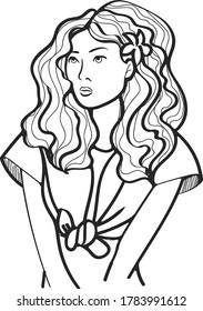 Vector outline doodle illustration art portrait girl with flower in hair 