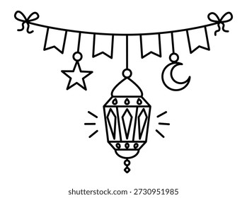 Vektorgrafik mit Doodle-Skizze von festlicher Girlande mit Fahnen und Ramadan-Laterne. Handgezeichnete Umrissdekoration für den Ramadan-Monat, islamische Feiertage, Grußkarten und Feierlichkeiten.