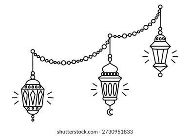 Ilustración de doodle de contorno de Vector de guirnalda de linterna de Ramadán. Estilo de contorno dibujado a mano mínimo con lámparas famosas colgantes para decoraciones navideñas islámicas, celebración de Ramadán y diseños de saludo.