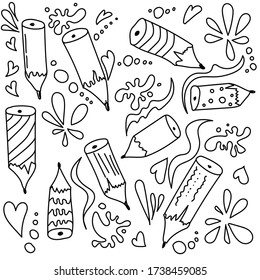 Vector outline doodle illustration set of cute pencils, linear elements for design and creativity
