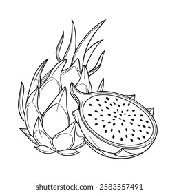 Vector Outline of a Dragon Fruit Showing Both Whole and Sliced Sections on a White Background