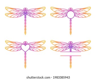 Vector outline dragonfly monogram. Insect silhouette. Template for laser and paper cutting, printing on a T-shirt, mug. Flat style. Hand drawn decorative element for your design. Isolated on white.