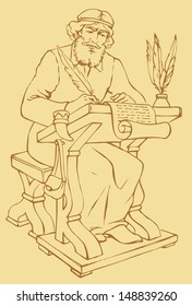 Vector outline drawing of an ancient chronicler with a pen and a sheet of parchment at his desk