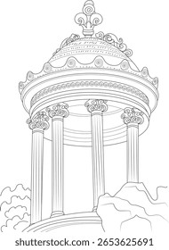 Desenho em contorno vetorial de um antigo pavilhão clássico inspirado no grego ou no romano, ideal para uso histórico, educacional ou de design.