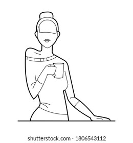 Vector outline drawing of a beautiful woman holding a cup of hot coffee or tea. Sketch of a slender girl drinking coffee. Vector flat style illustration. EPS-10.
