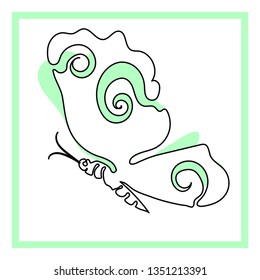 Vector outline drawing of butterfly, print clothes, decorative ornament, single line drawing butterfly with color green spots isolated white background, tattoo, design element for children's books
