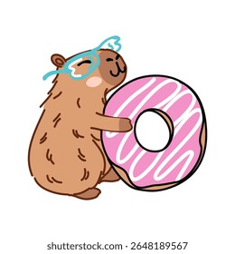 desenho em vetor e contorno de capivara com óculos segurando uma rosquinha rosa e fundo branco