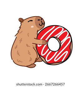 Vector y esquema de capibara sosteniendo una rosquilla roja y fondo blanco