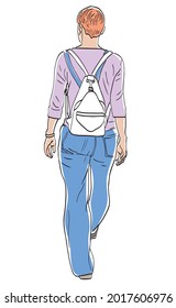 Vector outline drawing of casual young modern city woman with white backpack walking outdoors