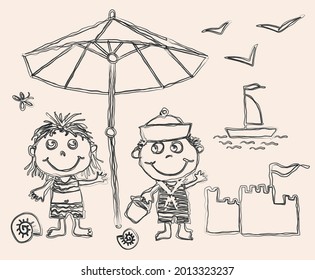 Vector outline drawing of cheerful kids on  beach vacation