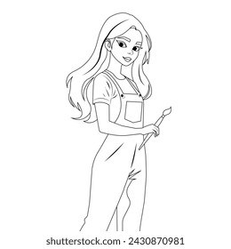 Vector outline drawing, coloring page of a beautiful young girl artist with a brush in her hand.