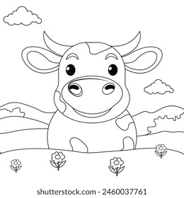 Vector outline drawing, coloring page of cute spotted cow on the lawn.
