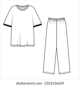 Vector outline drawing of cotton pajamas. Template of free cut t-shirt and pants in a casual style. Drawing of elastic band pants and short sleeve t-shirt, vector.