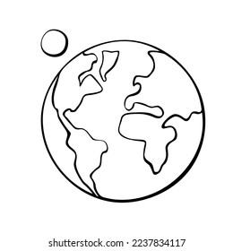 Vector outline drawing Earth with Moon. Minimalist simplified World Symbol, clip art, icon, logo in Doodle style. Theme of geography, peace, ecology, Social Media, cosmos