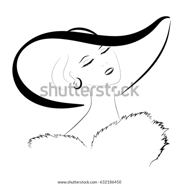 Vector Outline Drawing Face Woman Hat Stock Vector (Royalty Free) 632186450