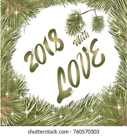 Vector outline, drawing frame Christmas wreath from pine branches, Christmas trees and stars,  inscription "2018 with love"