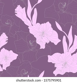 Vector outline drawing of gladiolus flowers. Seamless pattern. Design for wallpaper, background, textile, covers, packaging, wrapping paper, fabric.