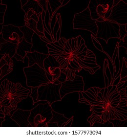 Vector outline drawing of gladiolus flowers. Seamless pattern. Design for wallpaper, background, textile, covers, packaging, wrapping paper, fabric.