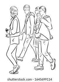 Vector outline drawing of group tourists students going on a stroll