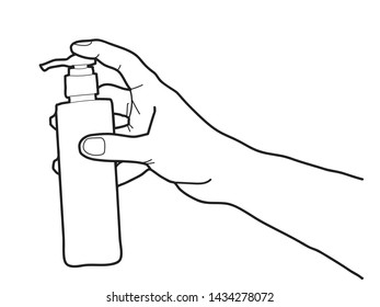Vektor Umriss Zeichnung Hand hält Lotion Flasche.