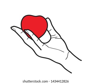 vector outline drawing hand holding red heart shape.