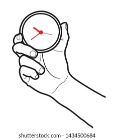 vector outline drawing hand holding stopwatch.