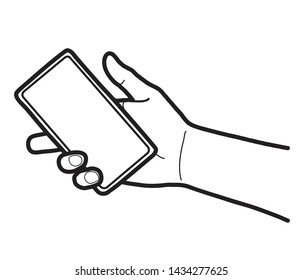 vector outline drawing holding mobile phone.