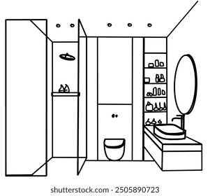 Vector outline drawing home washroom and ceramic wall-hung toilet and sink. Perspective room furniture and light and plumbing