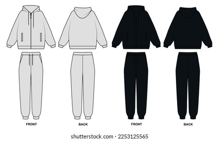 Vector outline drawing of a hoodie and sweatpants. Tracksuit template front and back view. Sketch of hoodie and joggers on white background, vector. svg