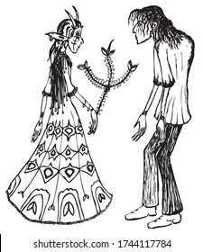 Vector outline drawing of horned young witch and zombie