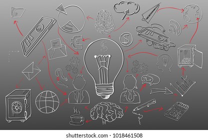 vector outline drawing of icons and symbols for business on gray background