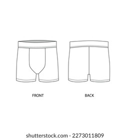 Vector outline drawing of men's underpants, front and back view. Template for men's swimming trunks in white.