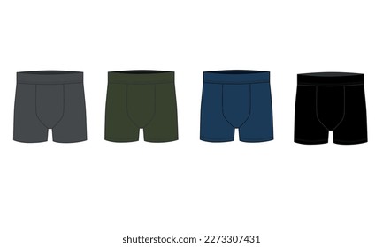 Vector outline drawing of men's underpants, front view. Men's briefs template, vector. Drawing of men's swimming trunks in gray, blue, green and black. svg