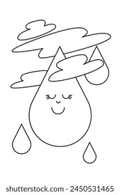 Vector outline drawing on a white isolated background for coloring for children. Smiling drop of water with clouds.