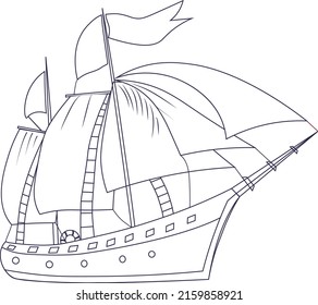 Vector outline drawing of a sailing two-masted yacht with a flag,sails fluttering.The illustration is hand-drawn,line art on the marine theme,winder transport. Can be used as logo,pattern elem