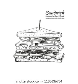 Vector Outline Drawing, a Sandwich with a Toothpick Isolated on White Background, Hand Drawn Illustration.