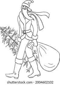 Vector outline drawing of Santa Claus walking with  bag of gifts and  Christmas tree