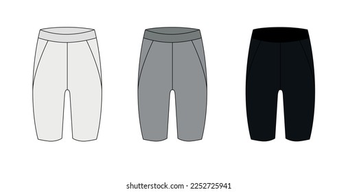 Vektorgrafik von Sportradshorts in Schwarz, Weiß und Grau. Eine Reihe sportlicher Kurzstrecken vor- und zurück. Helle Unterwäsche-Vorlage, Vektorgrafik.