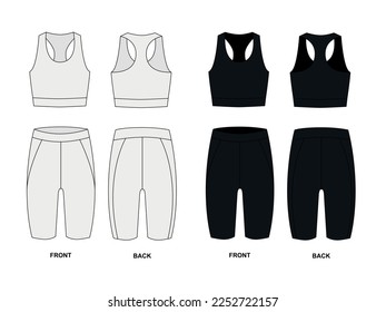 Vector outline drawing sports short bra top and cycling shorts in black and white colors. Set of sports women's clothing tank top and shorts front and back view. Tight underwear template, vector.