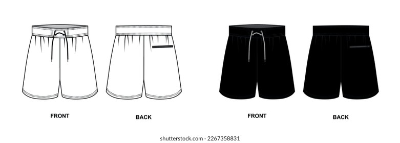 Vector outline drawing of sports, women's shorts with a zipper pocket at the back. Black sport shorts front and back view template. Drawstring shorts for football, tennis, boxing, fitness, swimming