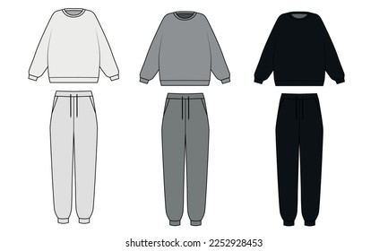 Vector outline drawing of a sweatshirt and sweatpants. Tracksuit template in grey, white and black colors. Crewneck sweatshirt and joggers sketch on white background, vector. set of clothes for people svg