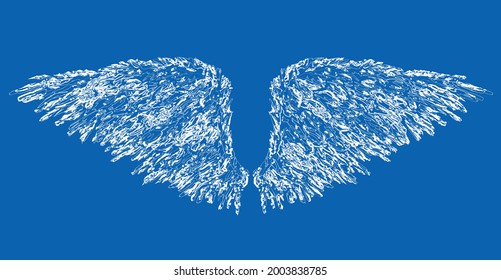 Vector outline drawing textured brush of fantasy white angel wings