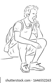 Vektorillustration-Umrisszeichnung eines Touristensitzes und Eis während eines Spaziergangs