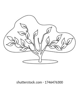 Corona de árbol de dibujo con contorno vectorial con hojas, boceto para colorear niños, libro de recortes, libros de decoración, tarjetas, sitios sobre el tema de la jardinería. Árbol caducifolio estilizado aislado en fondo blanco