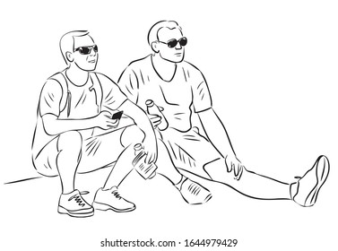 Vector outline drawing two friends tourists resting during a stroll