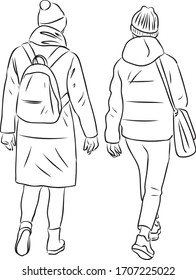 Vector outline drawing of two teen girls walking outdoors